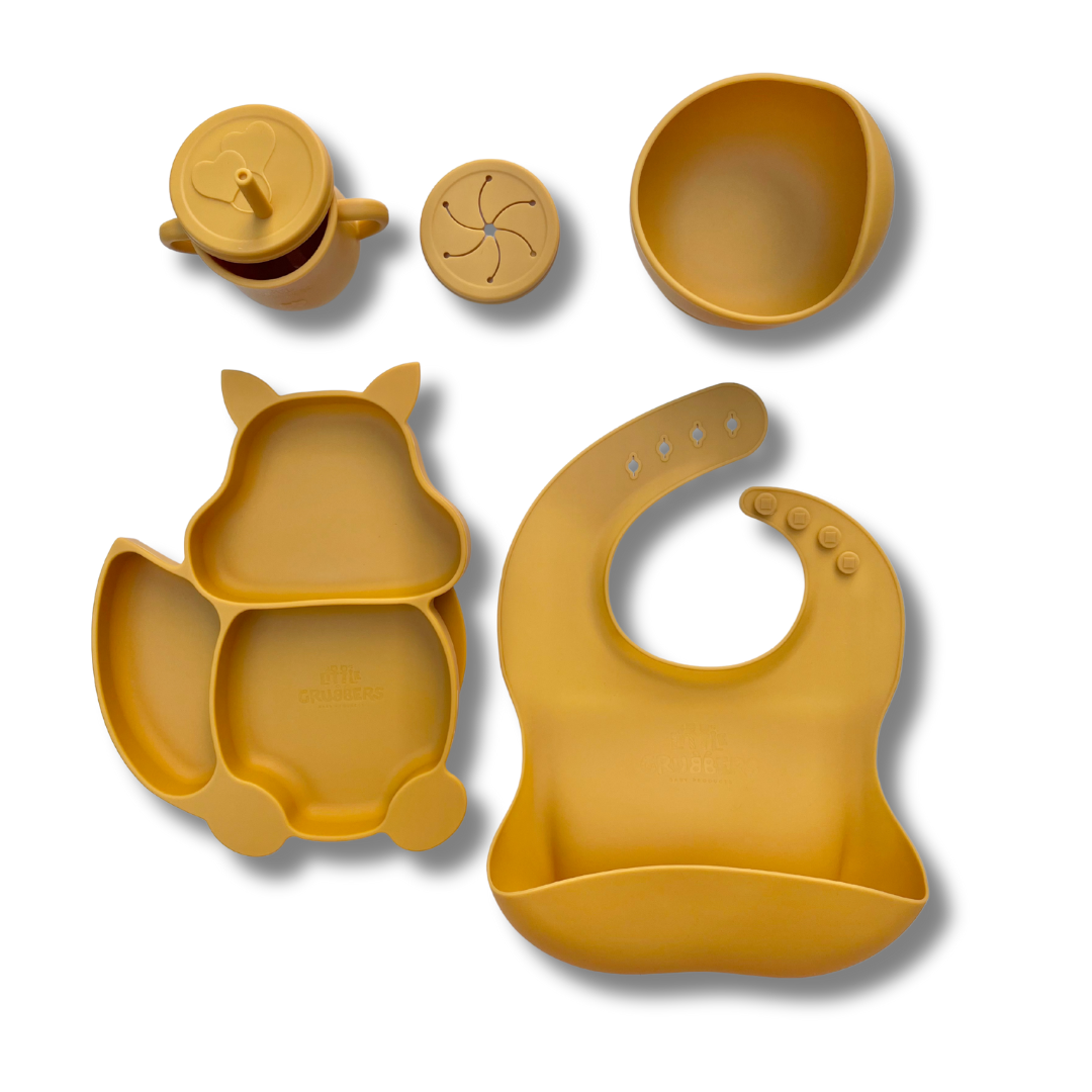 Silicone Feeding Set (5pcs) - Plate, Cup, Bowl, Bib + 2 Spoons