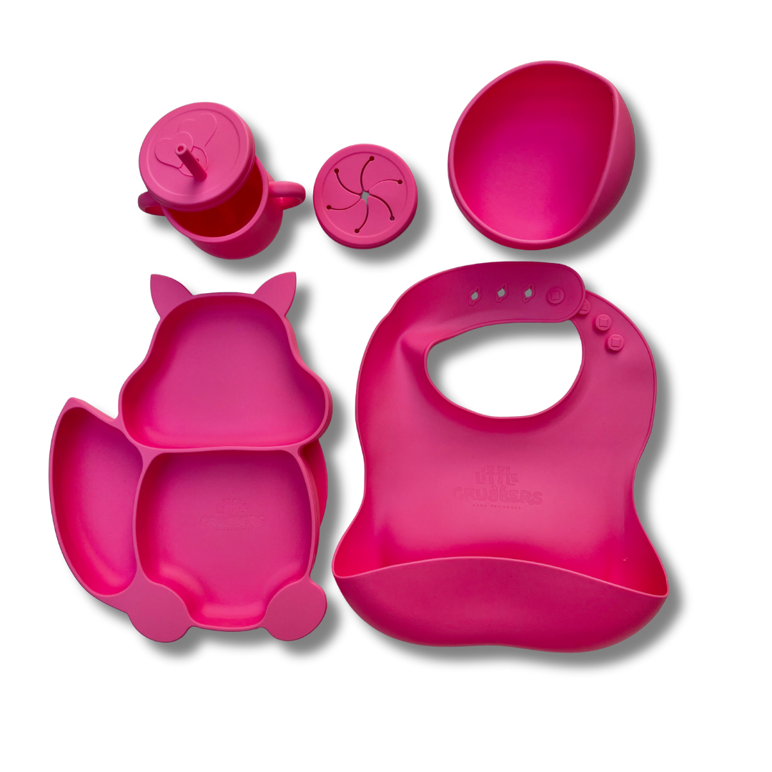 Silicone Feeding Set (5pcs) - Plate, Cup, Bowl, Bib + 2 Spoons